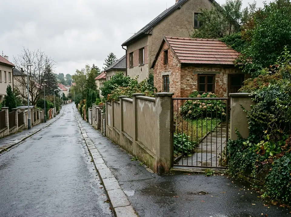 Lejtős utca fémkapuval és kis téglafalú melléképülettel, eső után